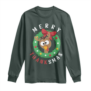 Funny Thanksgiving Christmas Long Sleeve Shirt Merry Thanksmas Turkey Reindeer Antler TS11 Dark Forest Green Print Your Wear