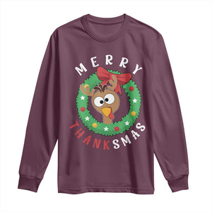 Funny Thanksgiving Christmas Long Sleeve Shirt Merry Thanksmas Turkey Reindeer Antler TS11 Maroon Print Your Wear