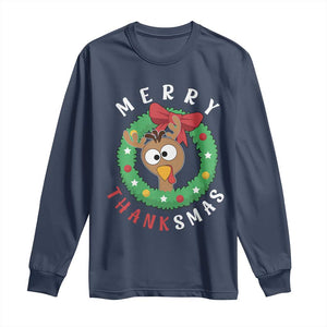 Funny Thanksgiving Christmas Long Sleeve Shirt Merry Thanksmas Turkey Reindeer Antler TS11 Navy Print Your Wear