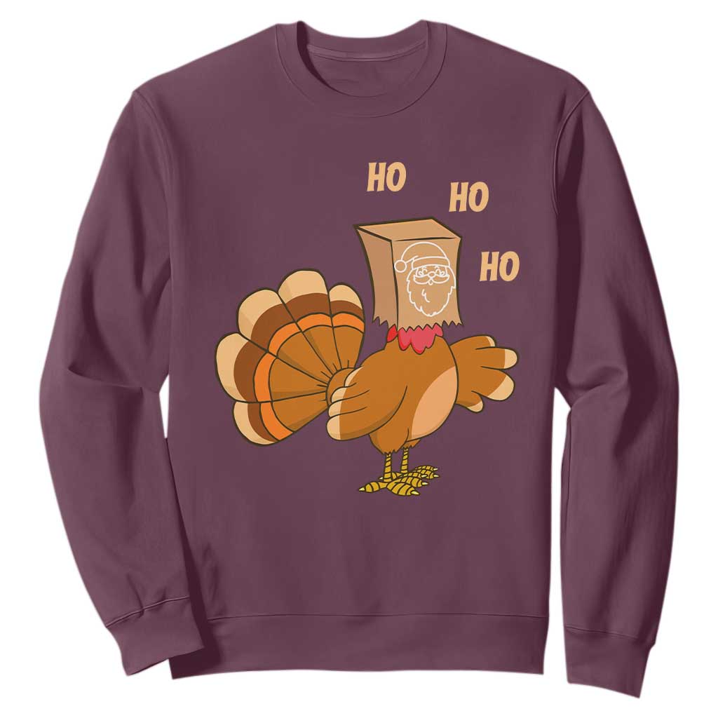 Funny Thanksgiving Christmas Triple Ho Santa Turkey Sweatshirt TS11 Maroon Print Your Wear