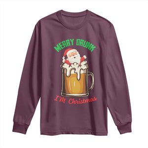 Funny Christmas Beer Long Sleeve Shirt Merry Drunk I'm Xmas Wasted Santa TS11 Maroon Print Your Wear