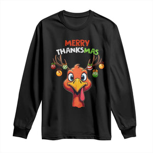 Funny Christmas Thanksgiving Long Sleeve Shirt Merry Thanksmas Turkey Reindeer Antler Baubles TS11 Black Print Your Wear