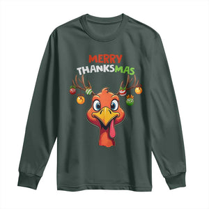 Funny Christmas Thanksgiving Long Sleeve Shirt Merry Thanksmas Turkey Reindeer Antler Baubles TS11 Dark Forest Green Print Your Wear