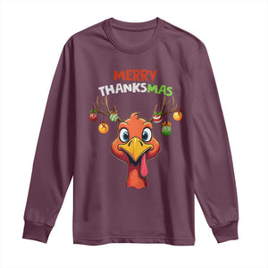 Funny Christmas Thanksgiving Long Sleeve Shirt Merry Thanksmas Turkey Reindeer Antler Baubles TS11 Maroon Print Your Wear