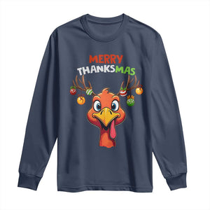 Funny Christmas Thanksgiving Long Sleeve Shirt Merry Thanksmas Turkey Reindeer Antler Baubles TS11 Navy Print Your Wear