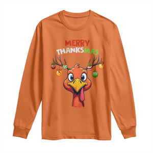 Funny Christmas Thanksgiving Long Sleeve Shirt Merry Thanksmas Turkey Reindeer Antler Baubles TS11 Orange Print Your Wear