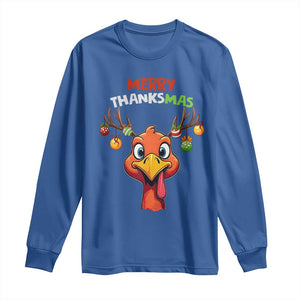 Funny Christmas Thanksgiving Long Sleeve Shirt Merry Thanksmas Turkey Reindeer Antler Baubles TS11 Royal Blue Print Your Wear