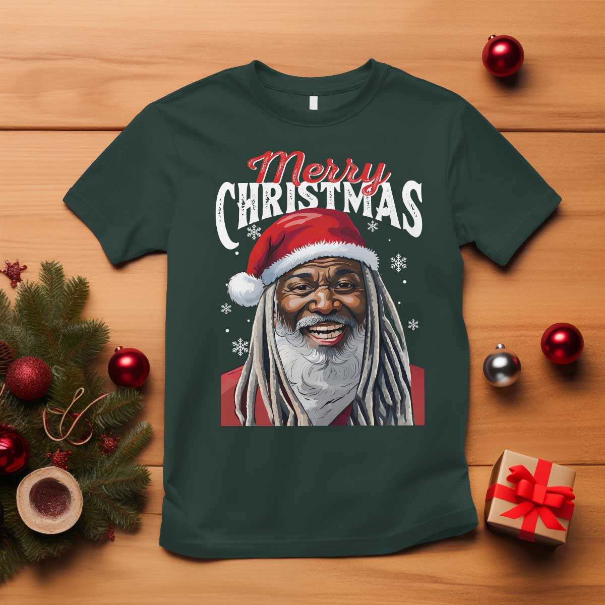 Merry Christmas Dreadlocks Black Santa T Shirt TS11 Dark Forest Green Print Your Wear