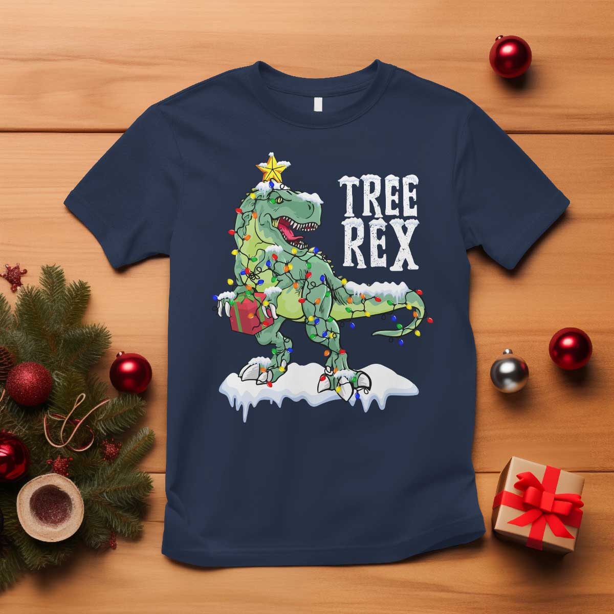 Funny Christmas T-Rex T Shirt Tree Rex Dinosaur Xmas Tree TS11 Navy Print Your Wear