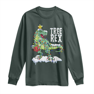 Funny Christmas T-Rex Long Sleeve Shirt Tree Rex Dinosaur Xmas Tree TS11 Dark Forest Green Print Your Wear