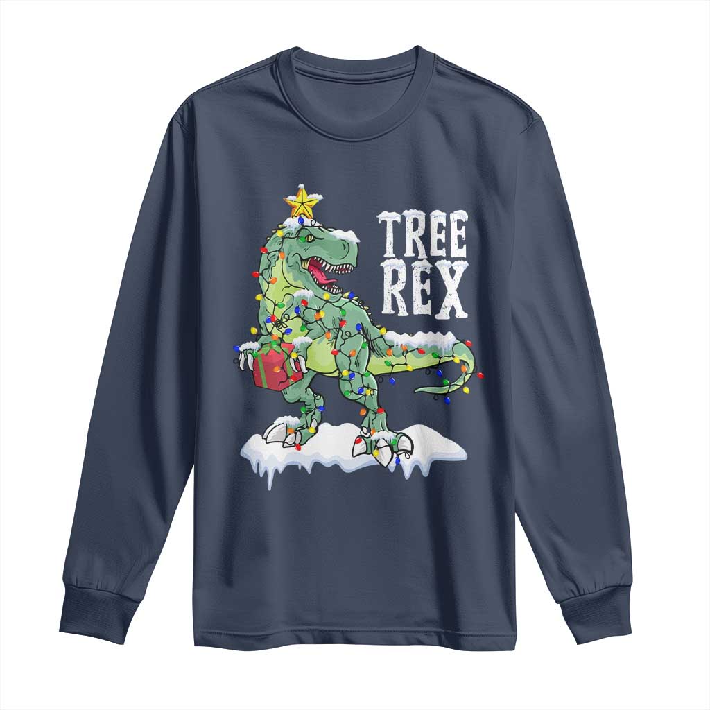 Funny Christmas T-Rex Long Sleeve Shirt Tree Rex Dinosaur Xmas Tree TS11 Navy Print Your Wear