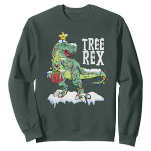 Funny Christmas T-Rex Sweatshirt Tree Rex Dinosaur Xmas Tree TS11 Dark Forest Green Print Your Wear