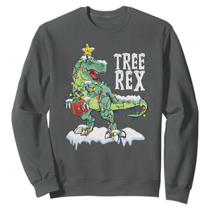 Funny Christmas T-Rex Sweatshirt Tree Rex Dinosaur Xmas Tree TS11 Dark Heather Print Your Wear