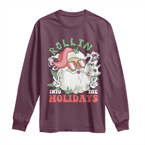 Funny Weed Christmas Long Sleeve Shirt Rollin Into The Holidays Santa Xmas TS11 Maroon Print Your Wear