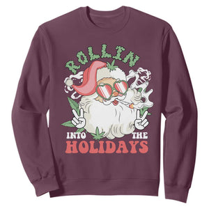 Funny Weed Christmas Sweatshirt Rollin Into The Holidays Santa Xmas TS11 Maroon Print Your Wear