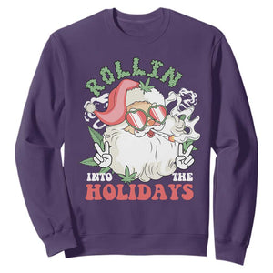 Funny Weed Christmas Sweatshirt Rollin Into The Holidays Santa Xmas TS11 Purple Print Your Wear