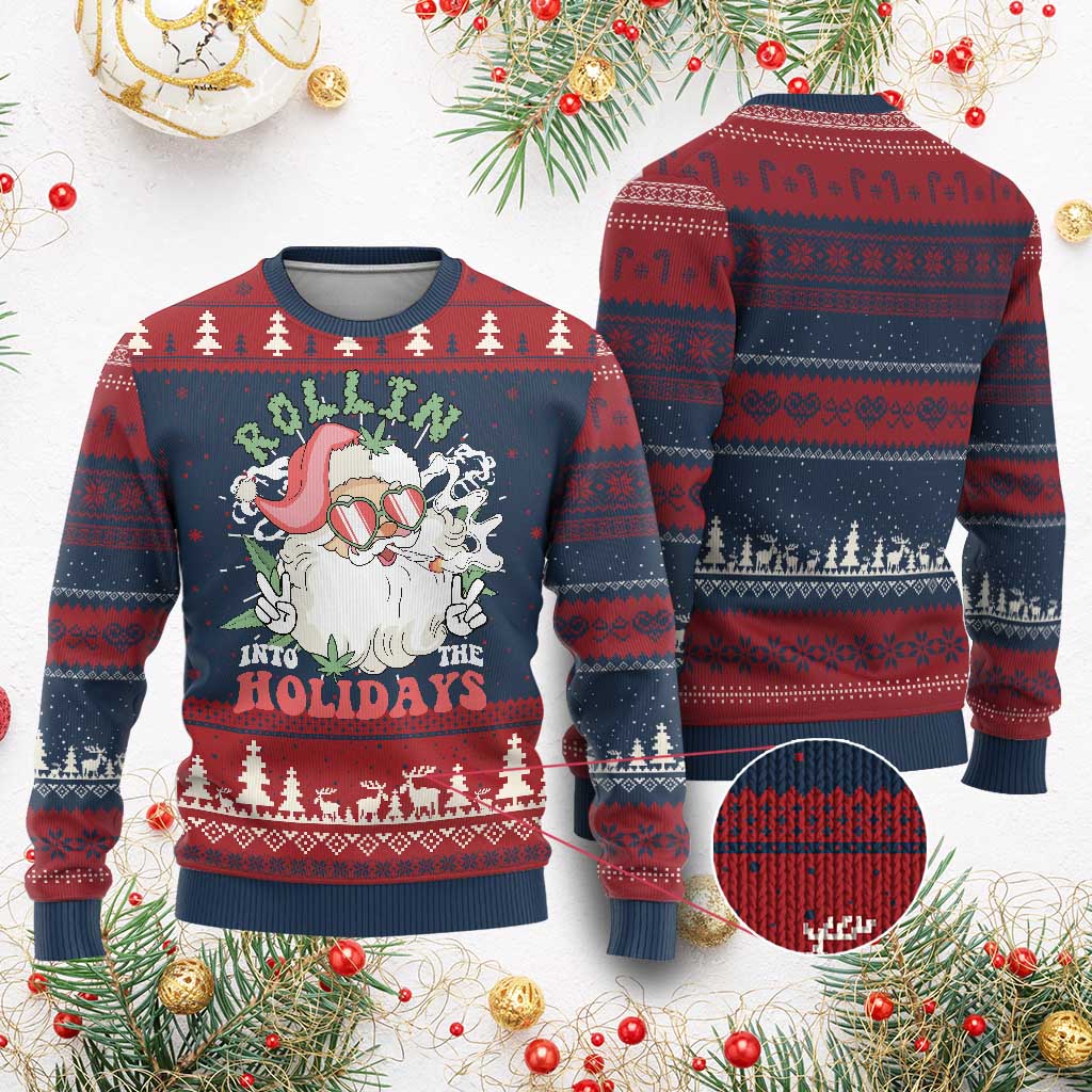 Funny Weed Xmas Ugly Christmas Sweater Rollin Into The Holidays Santa Xmas TS11 Burgundy Print Your Wear