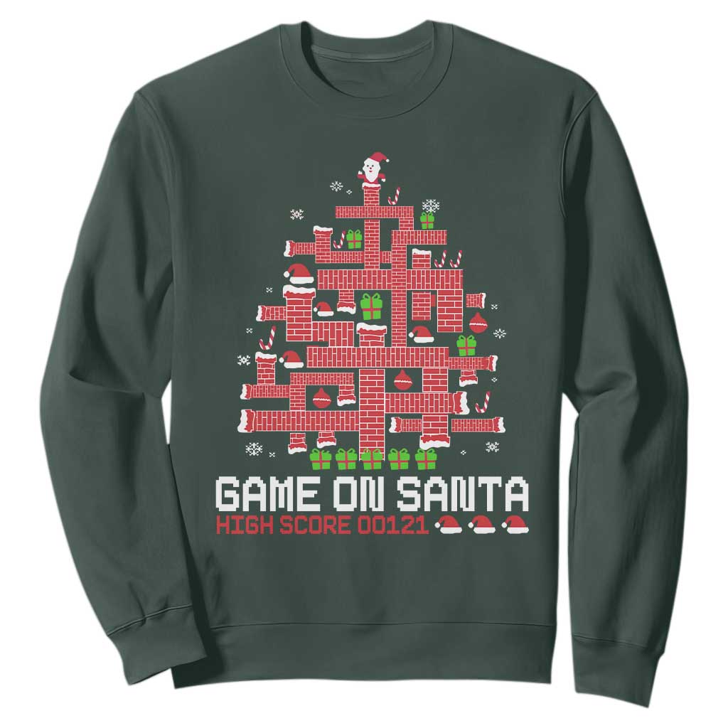 Funny Christmas Santa Gamers Sweatshirt Game On Santa Chimney Xmas Tree TS11 Dark Forest Green Print Your Wear