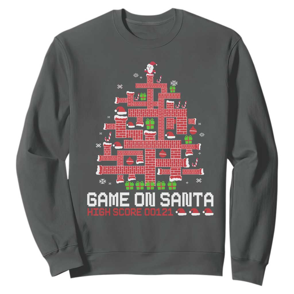 Funny Christmas Santa Gamers Sweatshirt Game On Santa Chimney Xmas Tree TS11 Dark Heather Print Your Wear