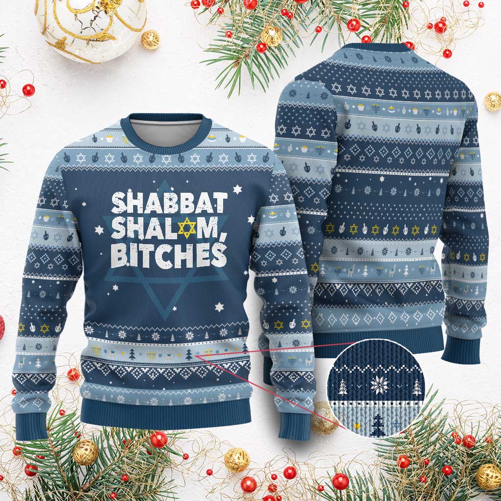 Funny Hanukkah Shabbat Shalom Bitches Hanukkah Ugly Sweater Star Of David TS11 Navy Light Blue Print Your Wear