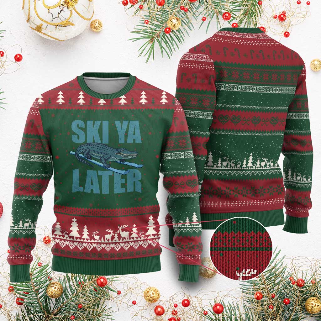 Funny Skiing Alligator Ugly Christmas Sweater Ski Ya Later Skier Winter Sport TS11 Red Green Print Your Wear
