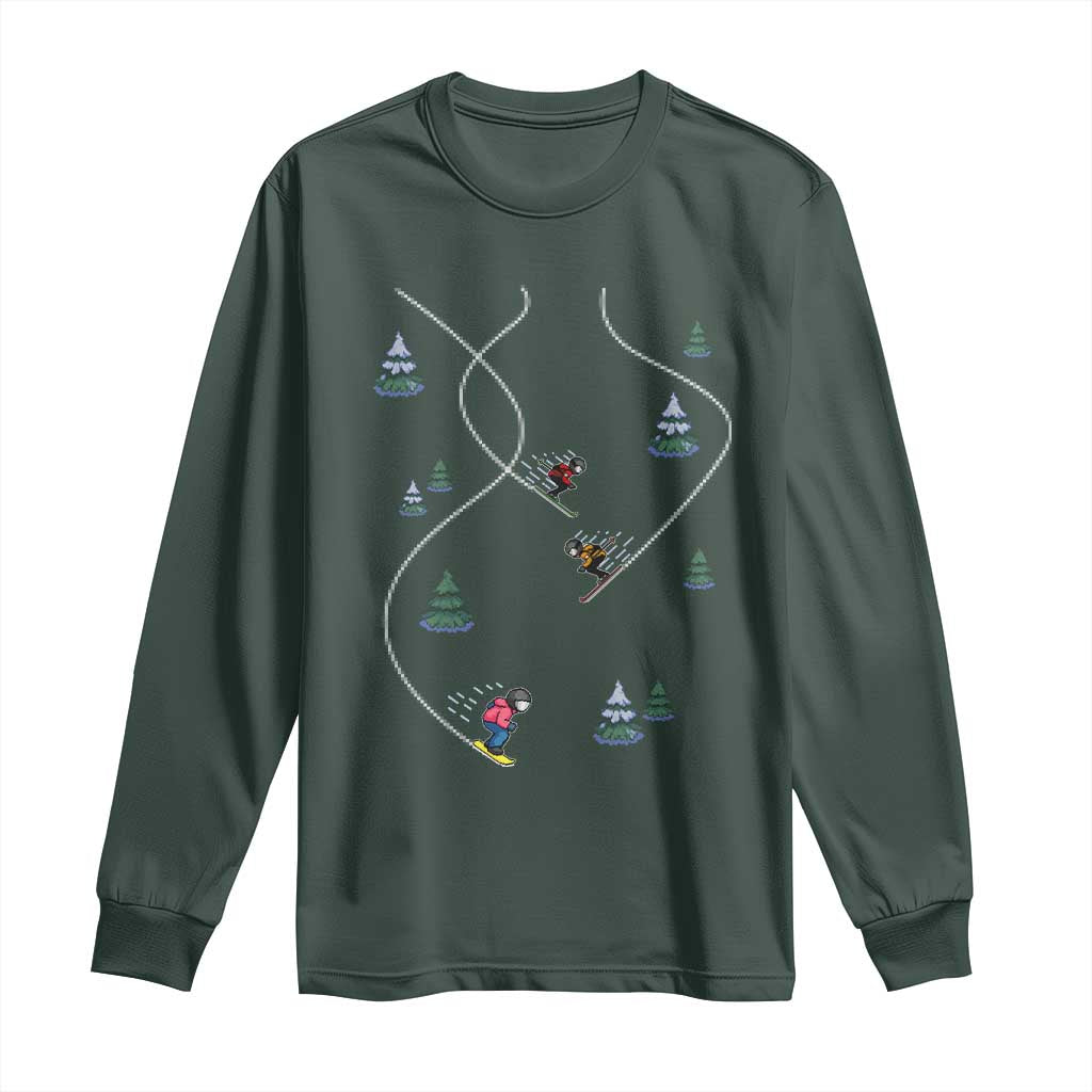 Funny Pixel Ski Snowboard Winter Sport Game Lover Long Sleeve Shirt TS11 Dark Forest Green Print Your Wear