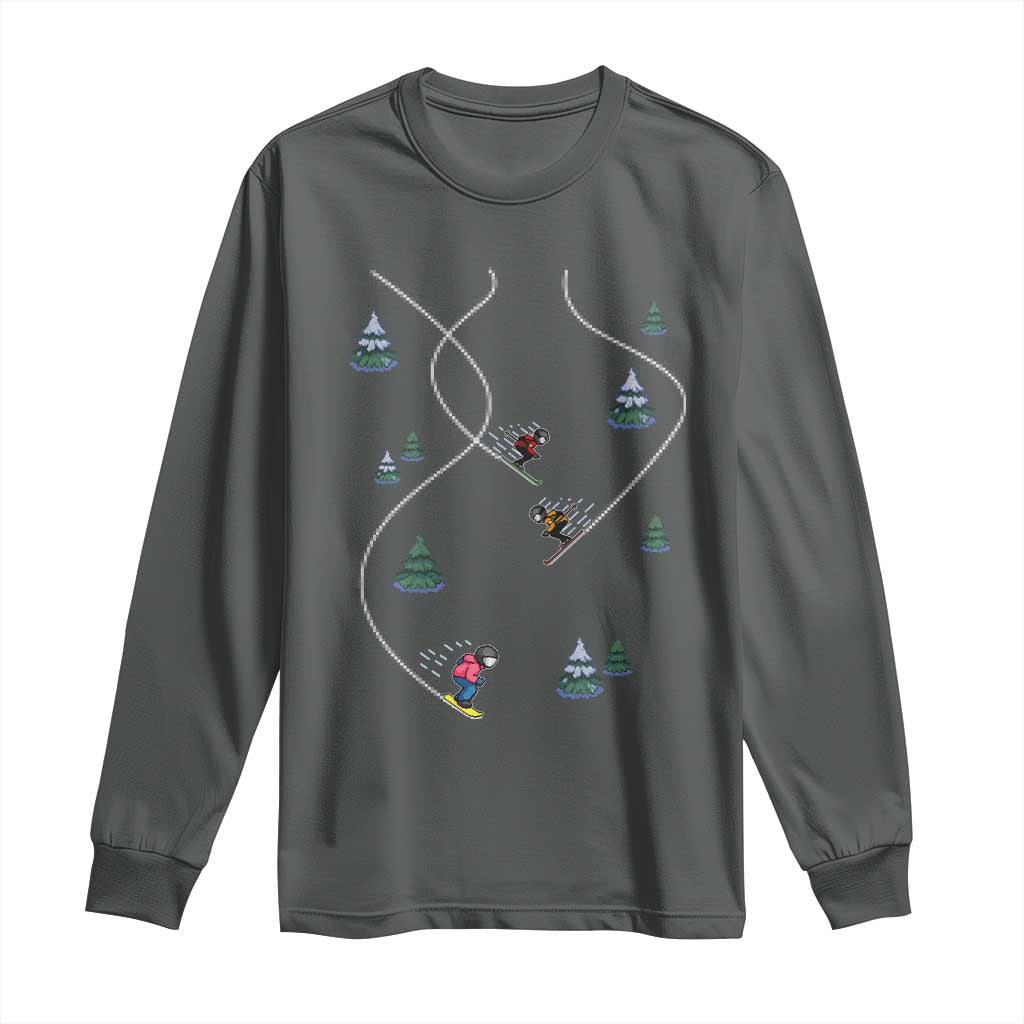 Funny Pixel Ski Snowboard Winter Sport Game Lover Long Sleeve Shirt TS11 Dark Heather Print Your Wear