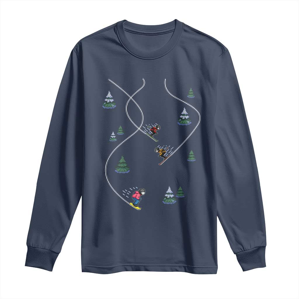 Funny Pixel Ski Snowboard Winter Sport Game Lover Long Sleeve Shirt TS11 Navy Print Your Wear