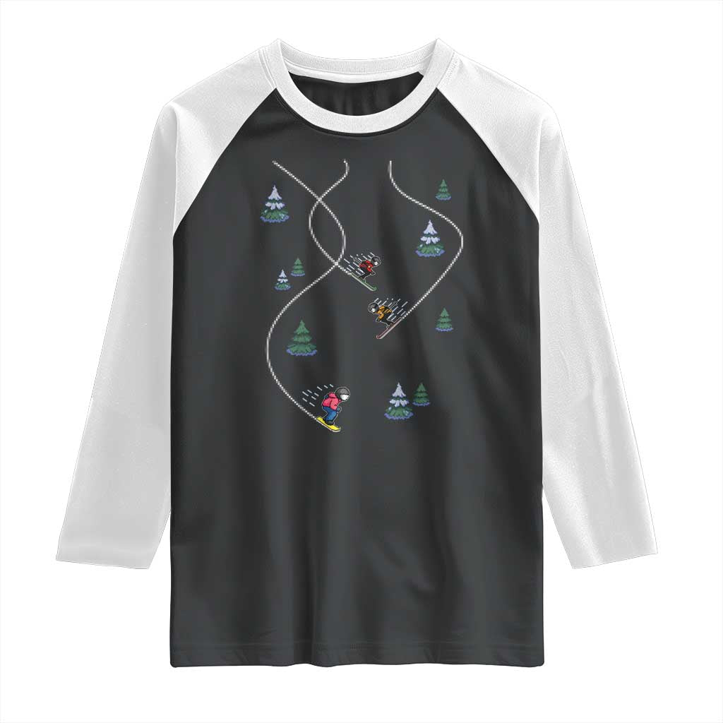Funny Pixel Ski Snowboard Winter Sport Game Lover Raglan Shirt TS11 Black White Print Your Wear