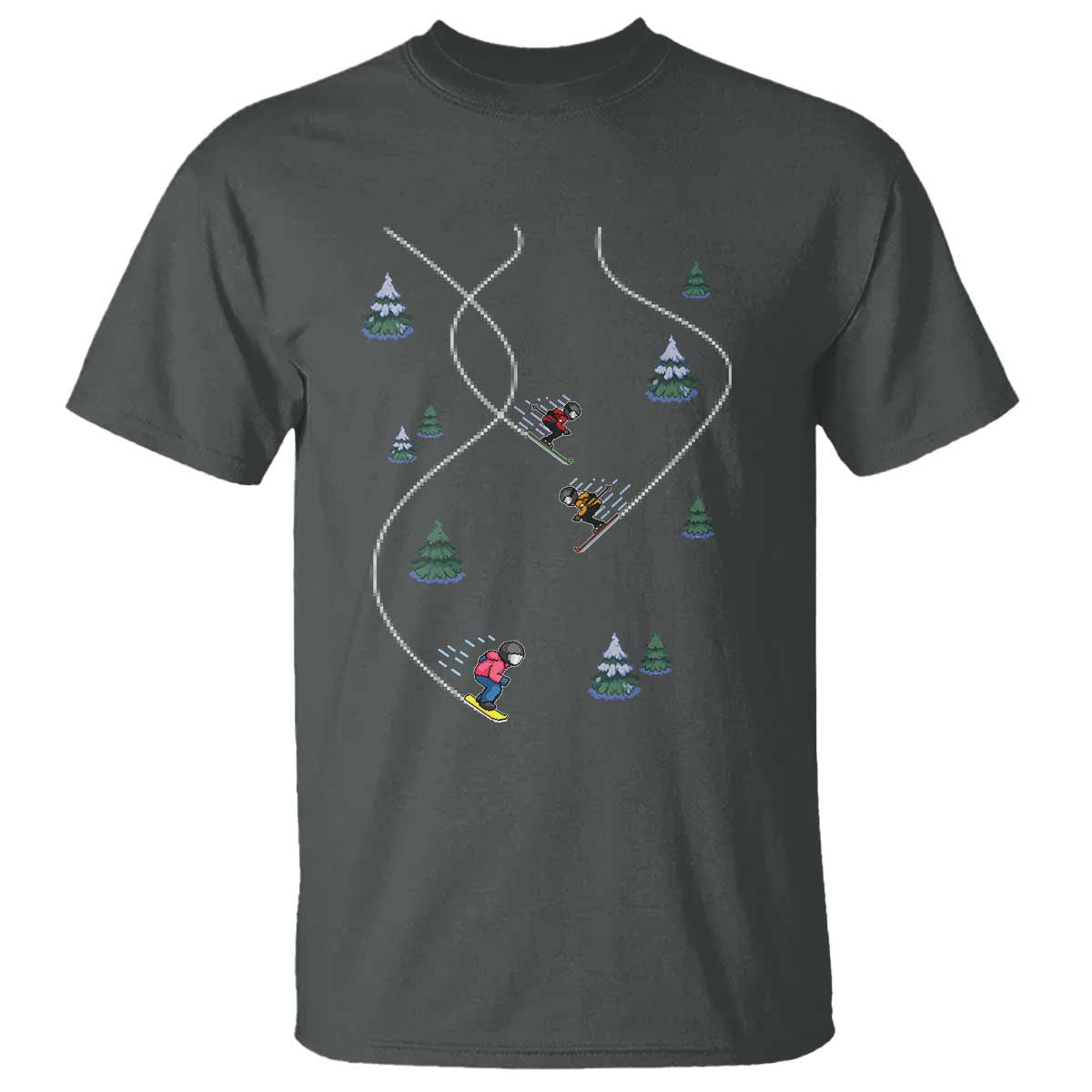 Funny Pixel Ski Snowboard Winter Sport Game Lover T Shirt TS11 Dark Heather Print Your Wear