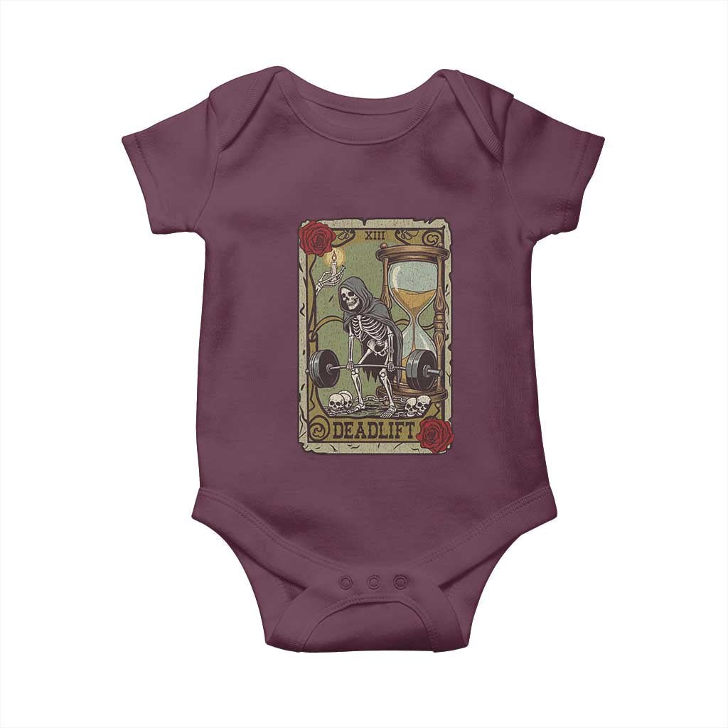 Funny Tarot Card Deadlifts Gym Workout Skeleton Baby Onesie TS11 Maroon Print Your Wear