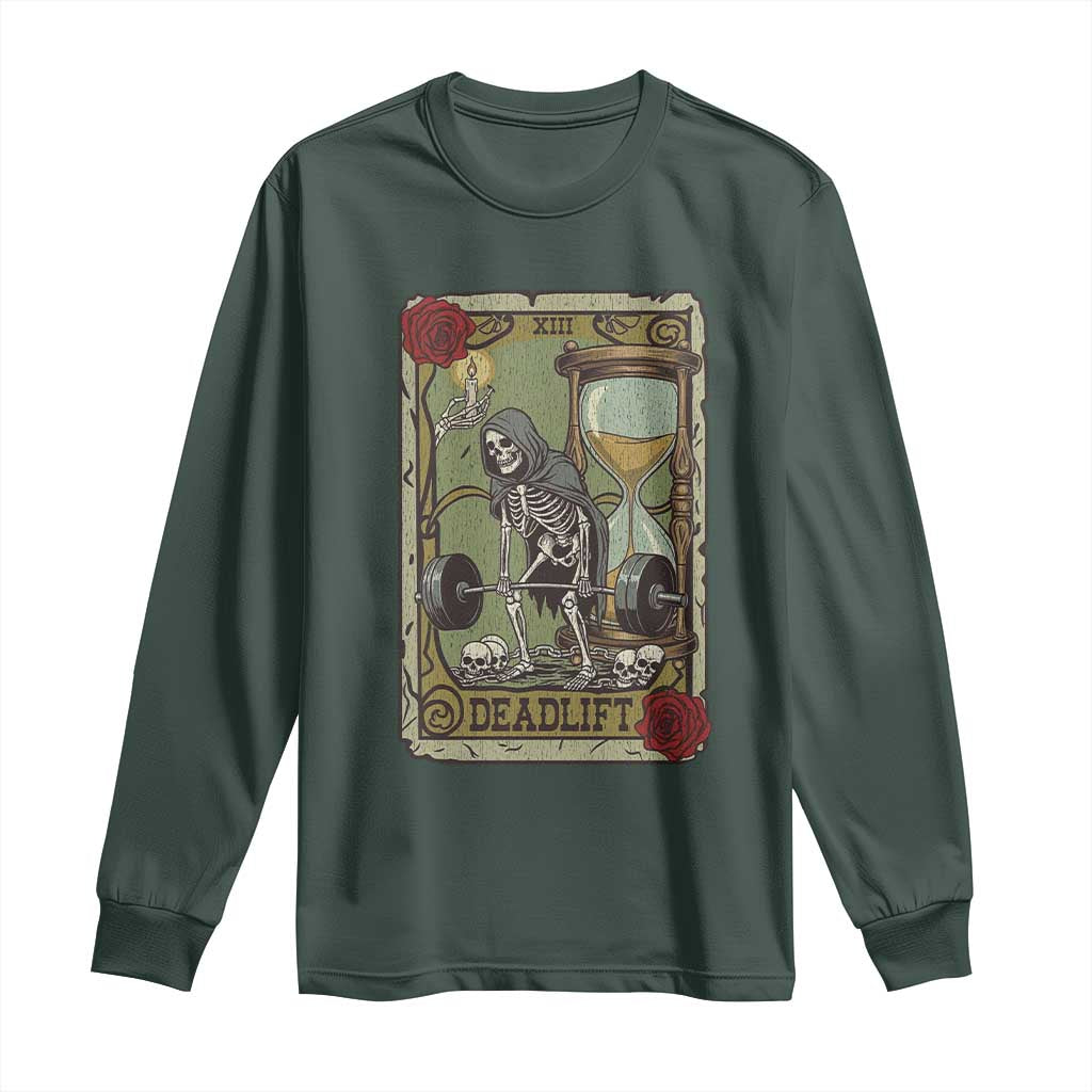 Funny Tarot Card Deadlifts Gym Workout Skeleton Long Sleeve Shirt TS11 Dark Forest Green Print Your Wear