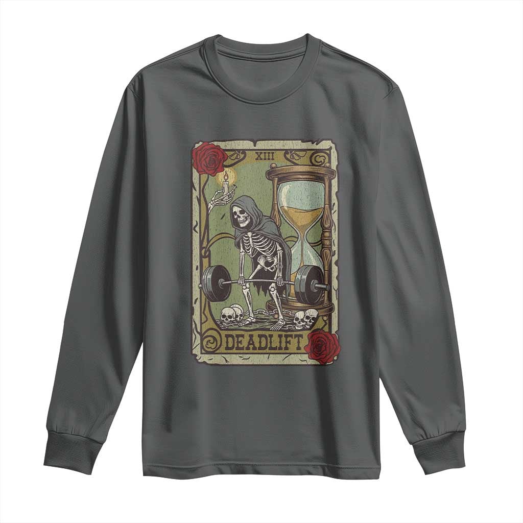 Funny Tarot Card Deadlifts Gym Workout Skeleton Long Sleeve Shirt TS11 Dark Heather Print Your Wear