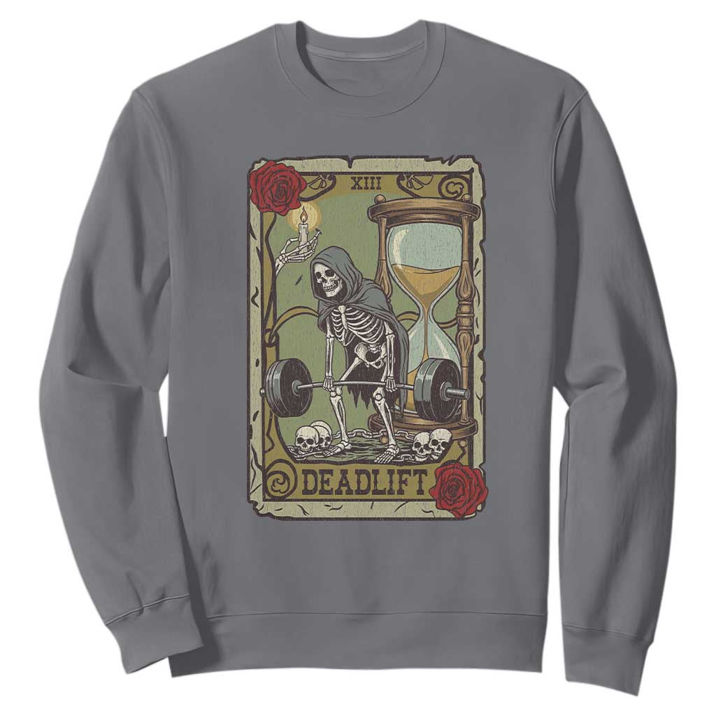 Funny Tarot Card Deadlifts Gym Workout Skeleton Sweatshirt TS11 Charcoal Print Your Wear