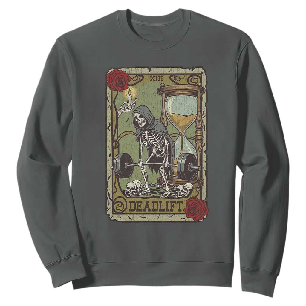 Funny Tarot Card Deadlifts Gym Workout Skeleton Sweatshirt TS11 Dark Heather Print Your Wear