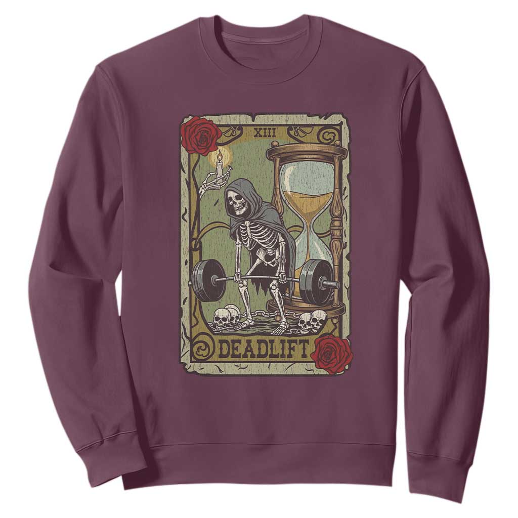 Funny Tarot Card Deadlifts Gym Workout Skeleton Sweatshirt TS11 Maroon Print Your Wear
