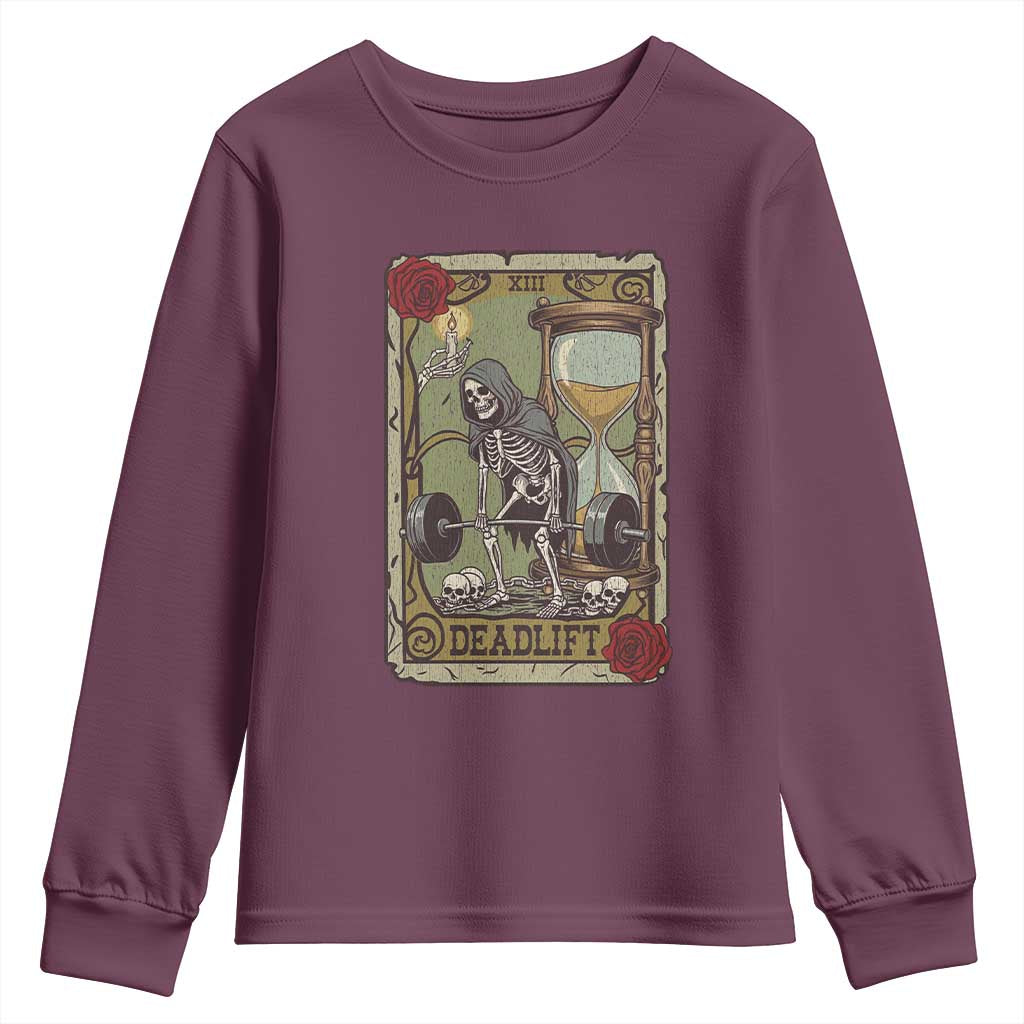 Funny Tarot Card Deadlifts Gym Workout Skeleton Youth Sweatshirt TS11 Maroon Print Your Wear