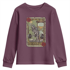 Funny Tarot Card Deadlifts Gym Workout Skeleton Youth Sweatshirt TS11 Maroon Print Your Wear