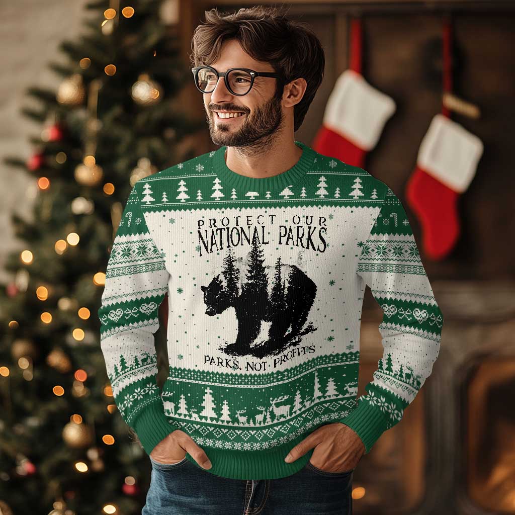 Protect Our National Parks Not Profits Ugly Christmas Sweater Vintage Forest Bear TS11 Beige Green Print Your Wear