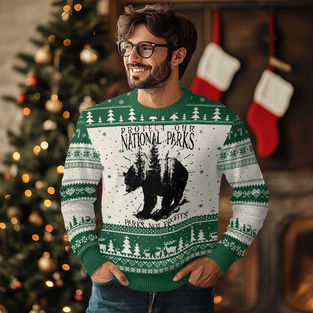 Protect Our National Parks Not Profits Knit Sweatshirt Vintage Forest Bear TS11 Green Print Your Wear