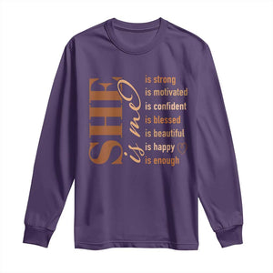 Woman Affirmation Long Sleeve Shirt She Is Strong Motivated Confident Blessed Beautiful Melanin TS11 Purple Print Your Wear