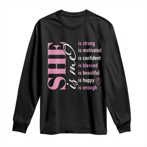 Woman Affirmation Long Sleeve Shirt She Is Strong Motivated Confident Blessed Beautiful TS11 Black Print Your Wear