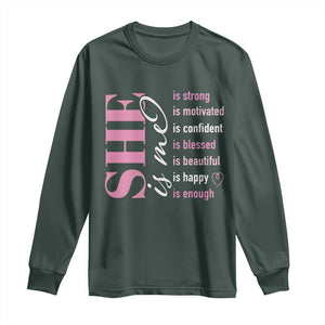 Woman Affirmation Long Sleeve Shirt She Is Strong Motivated Confident Blessed Beautiful TS11 Dark Forest Green Print Your Wear