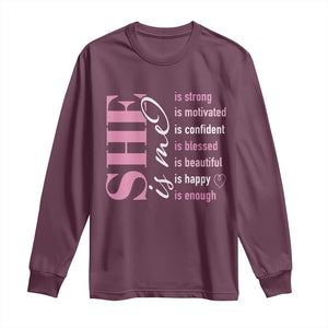 Woman Affirmation Long Sleeve Shirt She Is Strong Motivated Confident Blessed Beautiful TS11 Maroon Print Your Wear