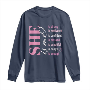 Woman Affirmation Long Sleeve Shirt She Is Strong Motivated Confident Blessed Beautiful TS11 Navy Print Your Wear