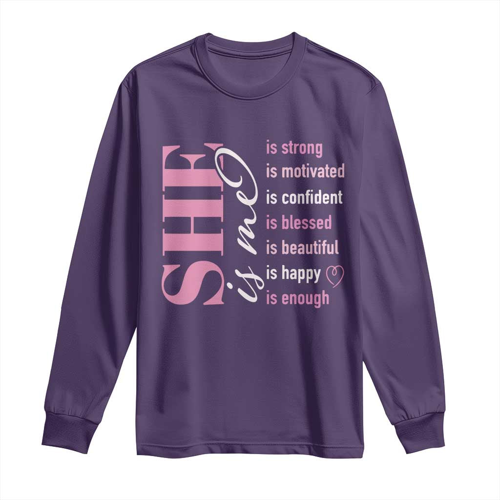 Woman Affirmation Long Sleeve Shirt She Is Strong Motivated Confident Blessed Beautiful TS11 Purple Print Your Wear