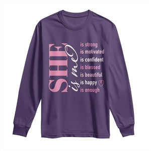 Woman Affirmation Long Sleeve Shirt She Is Strong Motivated Confident Blessed Beautiful TS11 Purple Print Your Wear