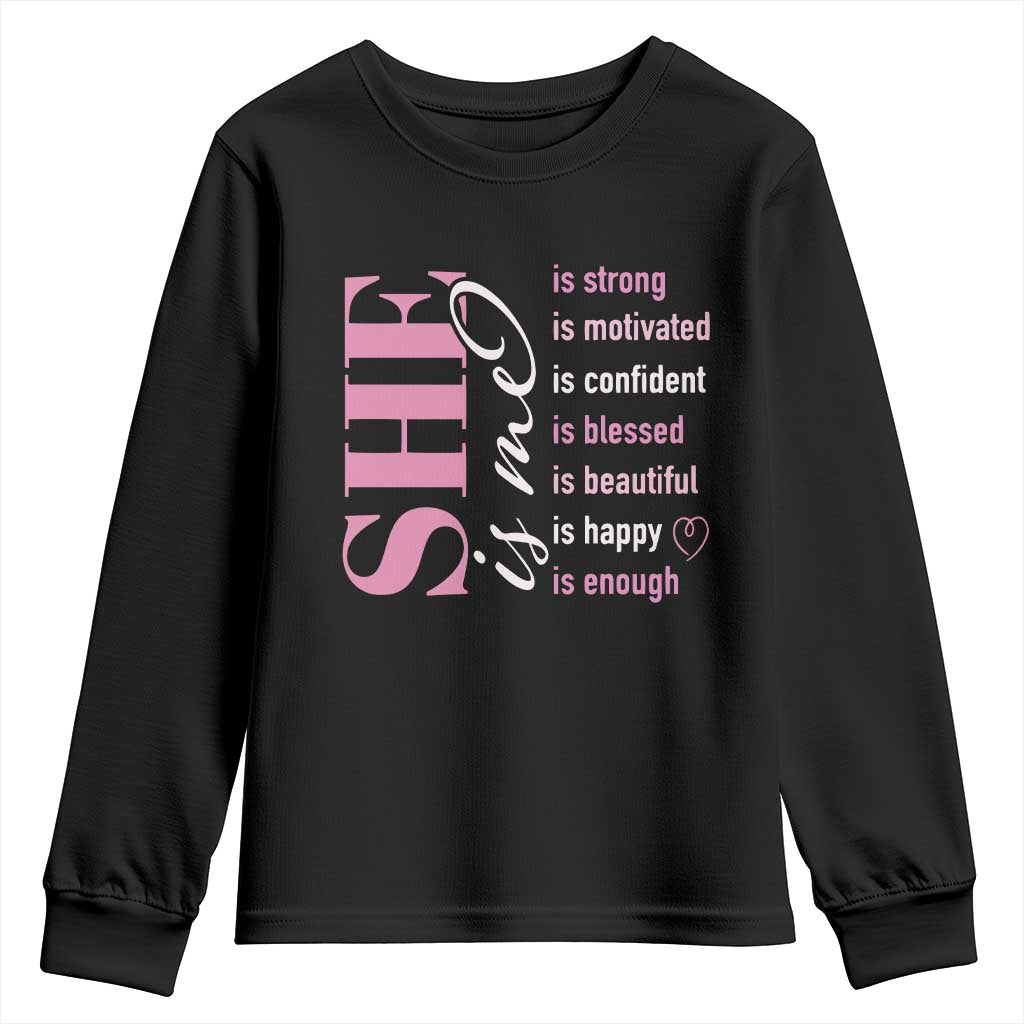 Woman Affirmation Youth Sweatshirt She Is Strong Motivated Confident Blessed Beautiful TS11 Black Print Your Wear