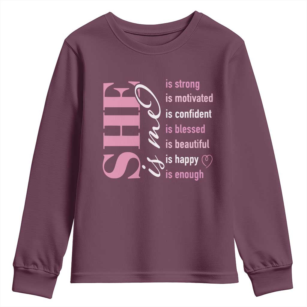 Woman Affirmation Youth Sweatshirt She Is Strong Motivated Confident Blessed Beautiful TS11 Maroon Print Your Wear