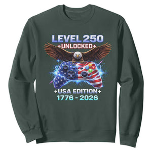 USA 250th Anniversary Gamer Sweatshirt Level 250 USA Edition 1776 2026 Bald Eagle TS11 Dark Forest Green Print Your Wear